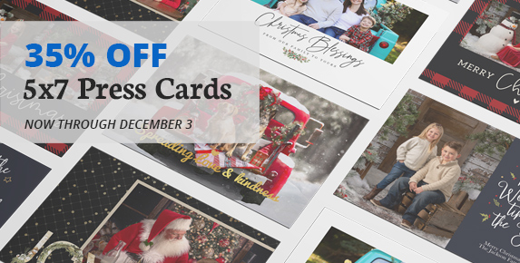 Full Color Sale, 35% Off 5x7 Press Cards, Now Through December 3.